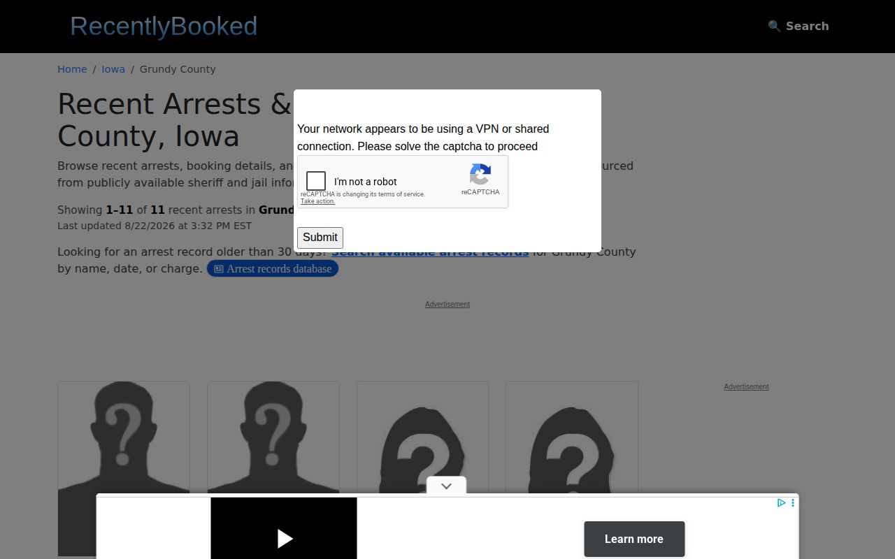 Unofficial RecentlyBooked Grundy County arrest page without county mugshot images