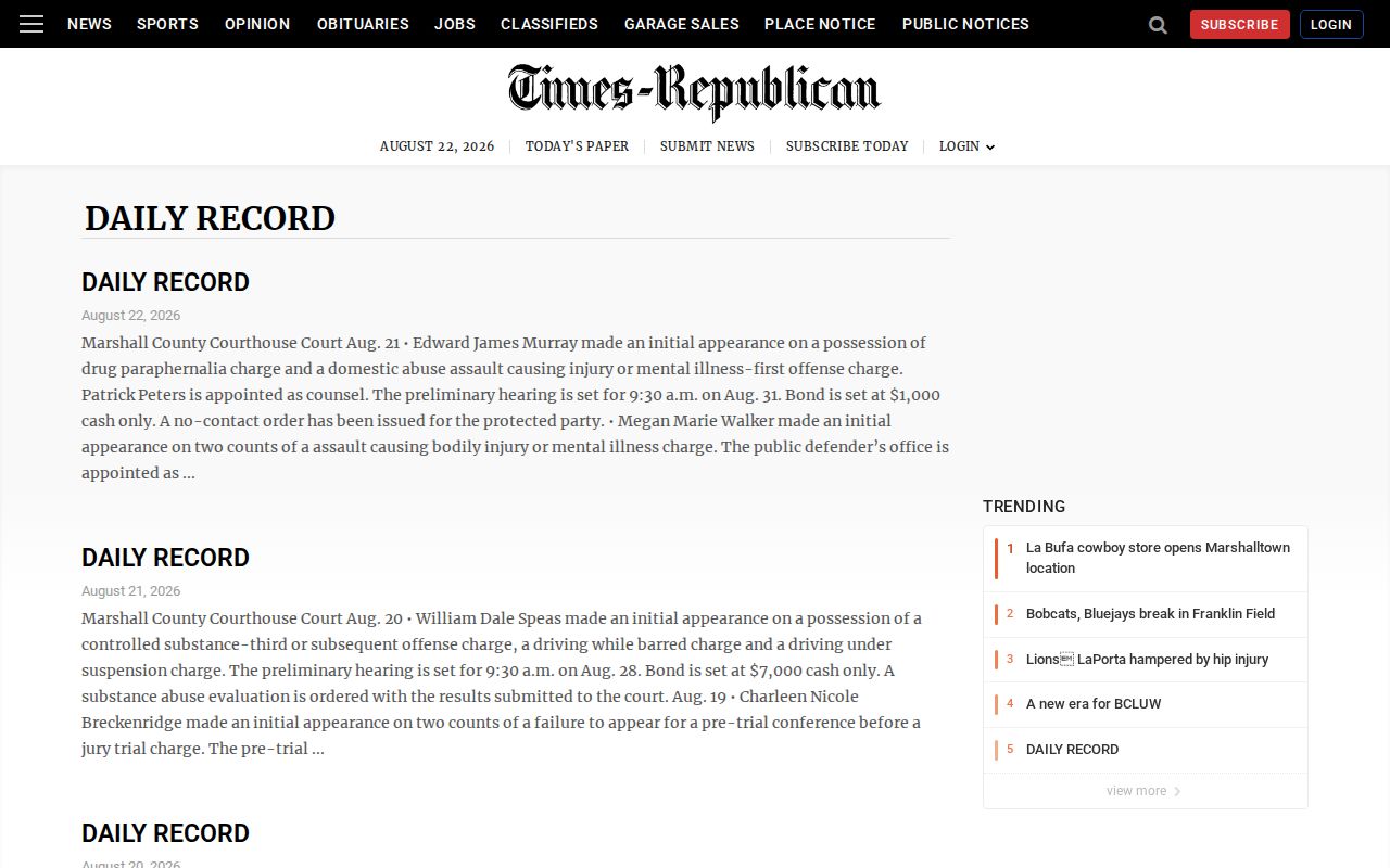 Times-Republican Daily Record regional Grundy County arrest news