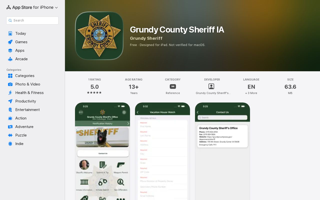 Grundy County Sheriff app tip and outreach listing for iOS